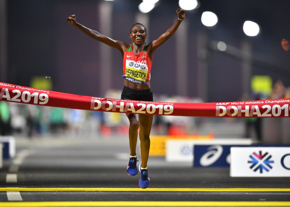 Athletics - World Athletics Championships - Doha 2019 - Women's Marathon - Doha, Qatar - September 28, 2019  Kenya's Ruth Chepngetich crosses the line to win the race REUTERS/Dylan Martinez